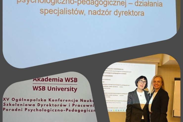 Na zdjęciu pokazana jest garść prezentacji wyświetlanej na rzutniku, garść tekstu a w prawym dolnym rogu dwie Panie uśmiechające się w stronę aparatu.