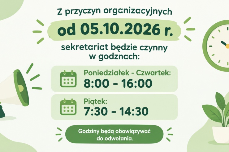Zmiana godzin pracy sekretariatu!