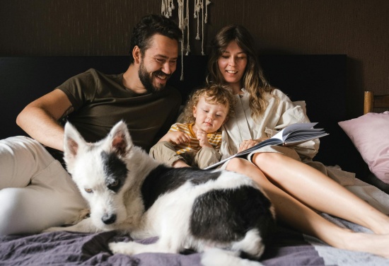 Na łóżku leży Ojciec z Matką po środku nich znajduje się dziecko a przed nimi leży pies. Ojciec z Matką najprawdopodobniej czytają coś dziecku.